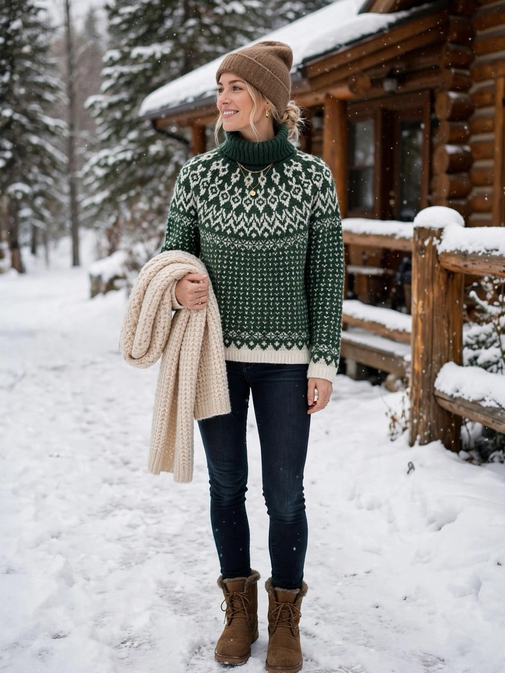 Wind River Green White Fair Isle Turtleneck Sweater | Size S